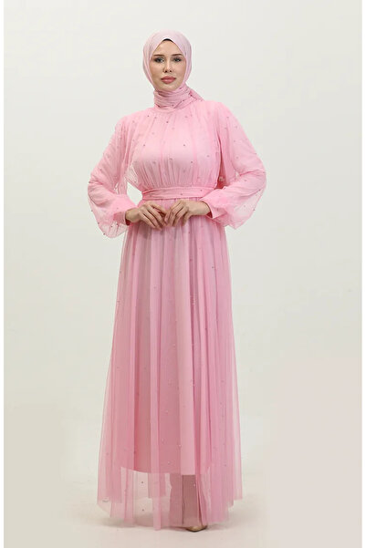 sefamerve Βραδινό φόρεμα με ροζ πέρλες τούλι - 6233-04 Φόρεμα