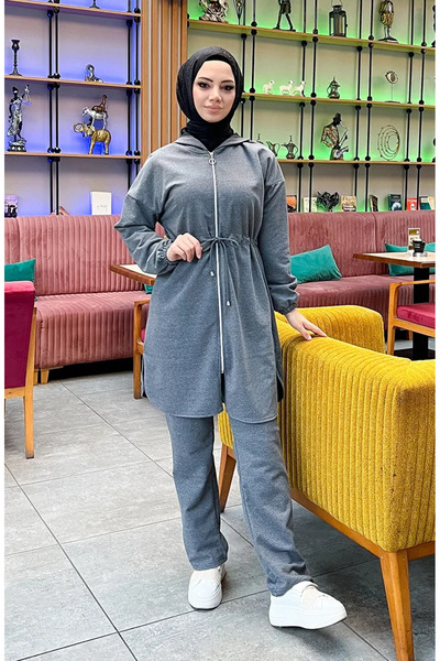 sefamerve بدلة رياضية بخصر مطوي بخيطين 03070-06 أنثراسايت