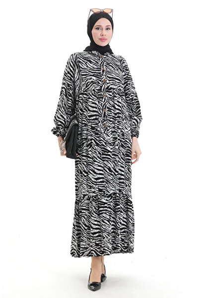 sefamerve Φόρεμα με μοτίβο με μισό κουμπί 2070-02 Μαύρο Λευκό