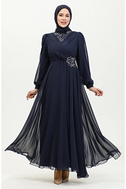 sefamerve Taş Baskılı Abiye Elbise 52882-01 Lacivert