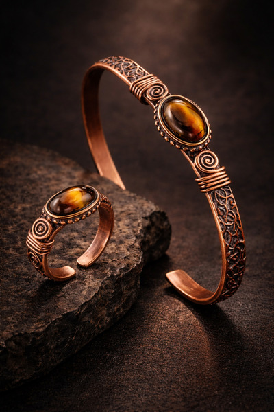 İyyaKee Erkek Kadın Bakır Bileklik Yüzük Set Doğal Kaplan Gözü Taşı Kadın Kel...