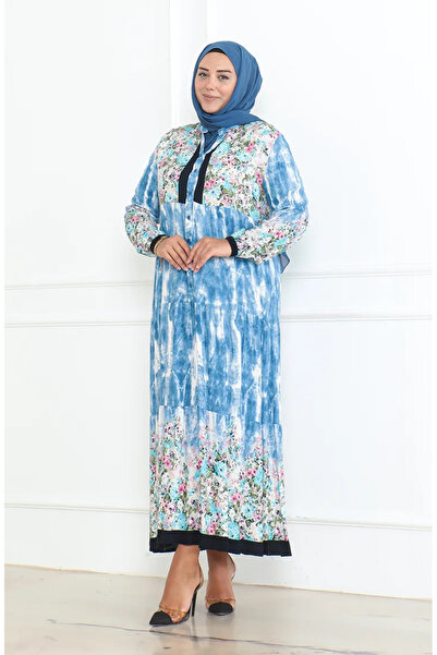 sefamerve 5071-01 Model Large Size Indigo Patterned Viscose Dress