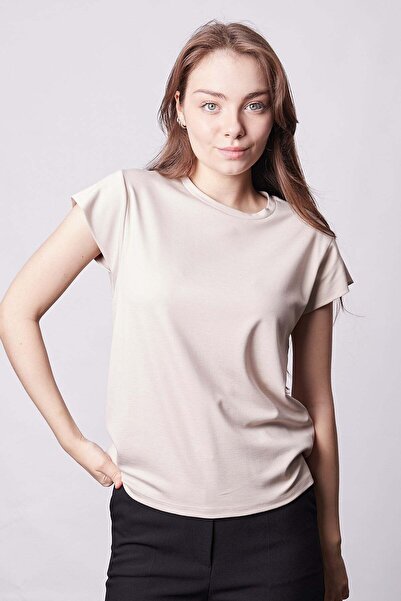 Jument Women's Silky Fabric Wide Zero-Neck Short Sleeve Tshirt Blouse-Beige