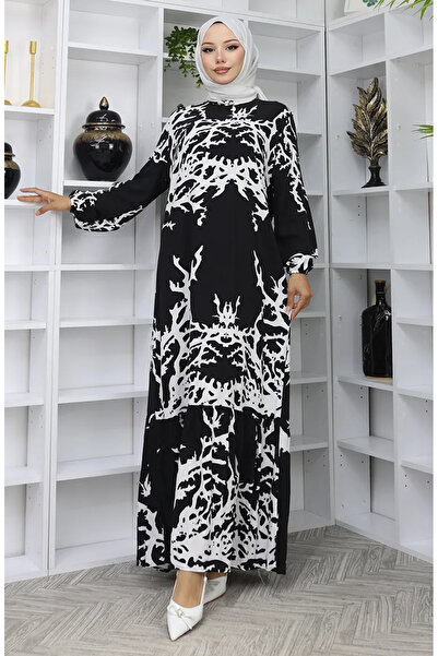 sefamerve Φόρεμα με σχέδιο από ύφασμα βισκόζης 2040-07 Μαύρο και άσπρο