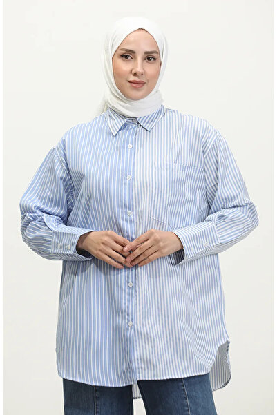 sefamerve Μπλε ριγέ γαρνιρισμένο πουκάμισο - 4809-03