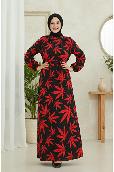 sefamerve Φόρεμα με μαύρο κόκκινο σχέδιο με ζώνη - 0477-03