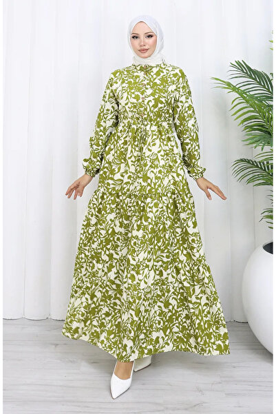 sefamerve Φόρεμα με κορδόνια με μοτίβο με λαιμόκοψη 0190-01 Χακί