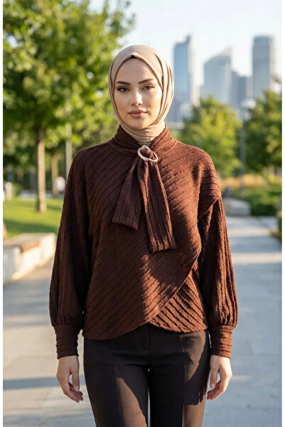 sefamerve بلوزة بياقة ربطة عنق 71370-04 بني