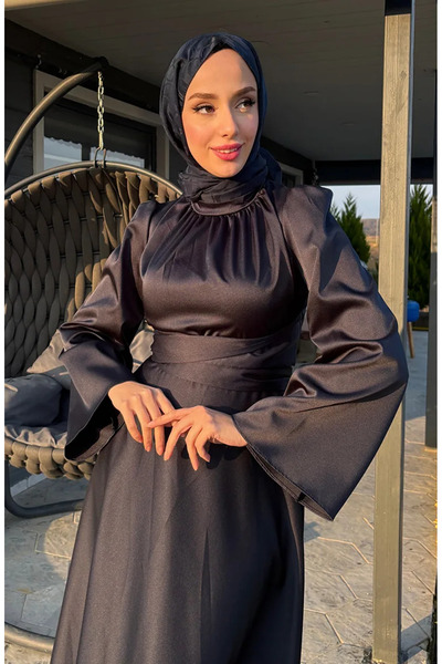 sefamerve Βραδινό φόρεμα Zara Satin με μπλουζάκι μπροστά 5514-01 Navy Blue