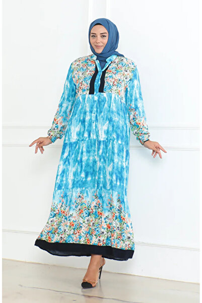 sefamerve Turquoise Patterned Viscose Plus Size Dress - 5071-03