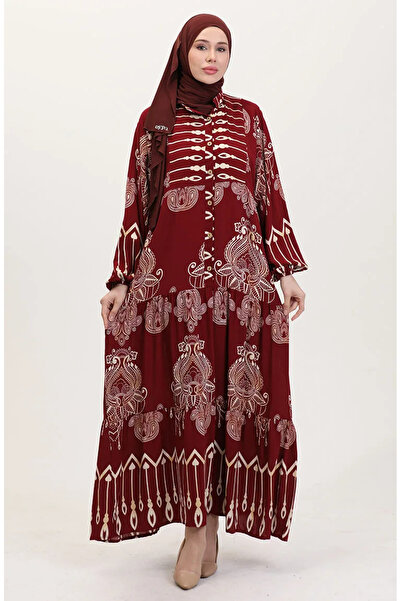 sefamerve Viscose Fabric Patterned Buttoned Dress 2014-01 Burgundy