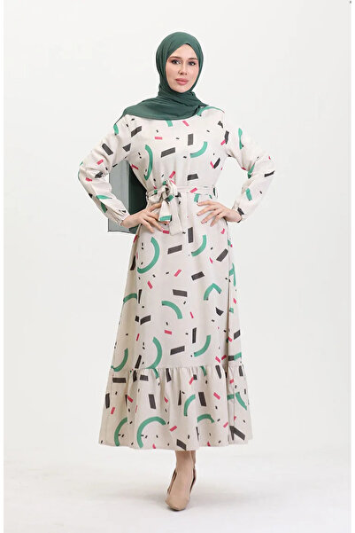 sefamerve Λινό φόρεμα με σχέδιο Plus Size 91817-01 Κρεμ πράσινο