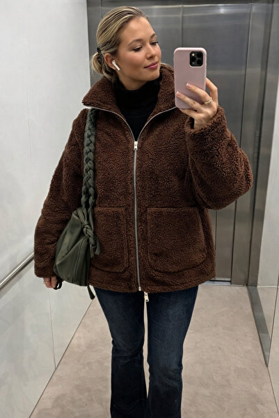 Hola Lady Cinnamon Color Plush Coat with Mock Neck Pockets Hl0208