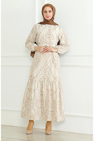 sefamerve فستان كتان 0471E-02 بيج حليب بني - منقوش وحزام