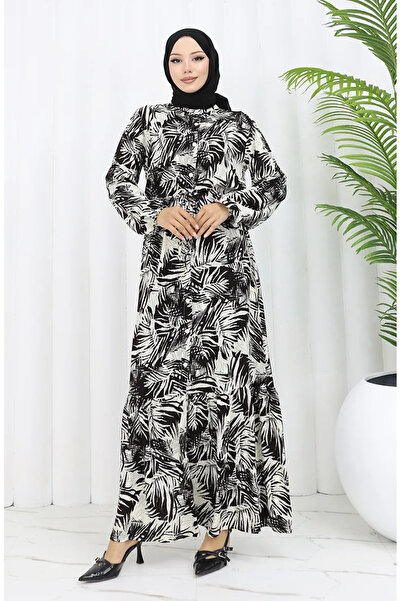 sefamerve Φόρεμα Rana με σχέδιο φοίνικα βισκόζης - Καφέ Μπεζ 0342-03