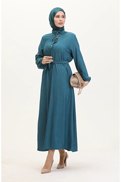 sefamerve Hakim Yaka Düğmeli Elbise 5025-03 Petrol