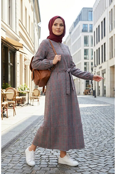sefamerve Plaid Patterned Belted Hijab Dress 2219-03 Navy Blue Red