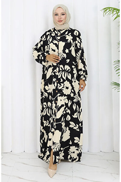 sefamerve Φόρεμα με κουμπιά και σχέδιο από ύφασμα βισκόζης 0121-02 Μαύρο