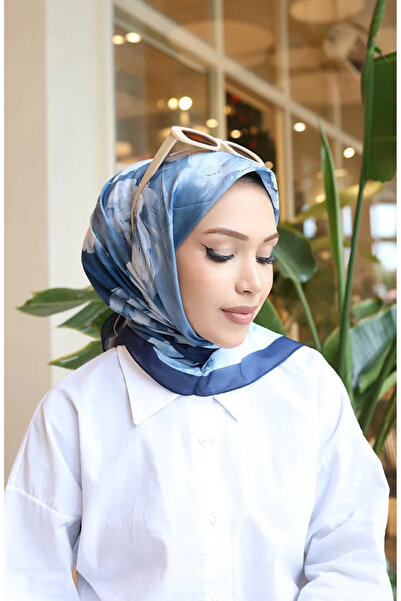 sefamerve Çiçek Desenli Pamuklu Koza Eşarp 70333-09 Lacivert Kot Mavi