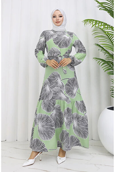 sefamerve Πράσινο φόρεμα με στάμπα και φύλλο - 0445-03