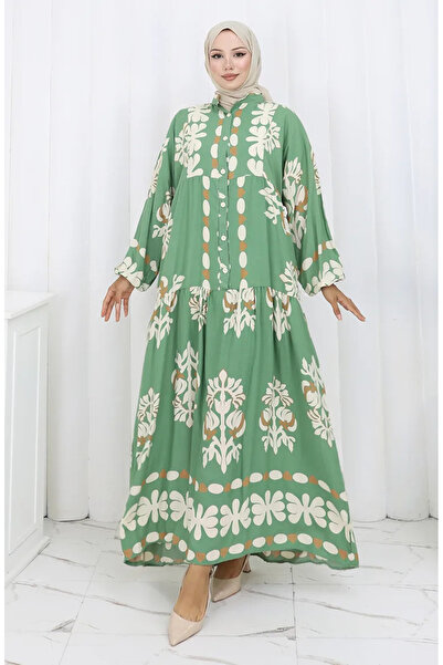 sefamerve فستان نصف أزرار من قماش الفيسكوز 2156-01 كاكي