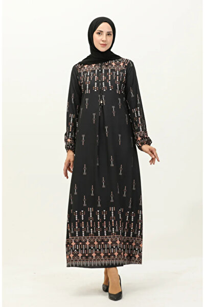 sefamerve Dijital Baskılı Elbise 1113-01 Siyah