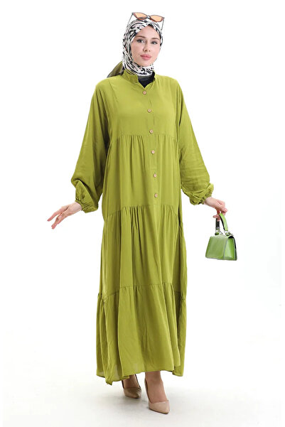 sefamerve Φόρεμα με μισό κουμπί με λαστιχένια μανίκια 0091-01 Χακί