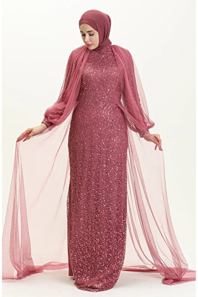 sefamerve Payetli Abiye Elbise 5519-12 Koyu Gül Kurusu