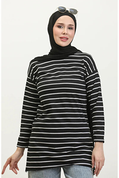 sefamerve Ριγέ χτενισμένο βαμβακερό τουνίκ 8705A-01 Μαύρο