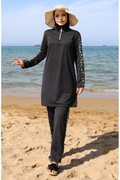 sefamerve Fermuarlı Tesettür Mayo 2503-01 Siyah Yeşil