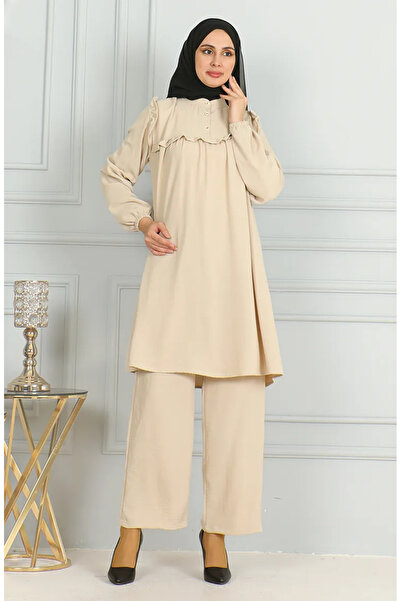 sefamerve Σετ χιτώνα και παντελόνι σε μπεζ υφασμάτινο βολάν Aerobin - 1009-04
