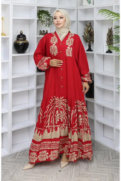 sefamerve فستان نصف زر من قماش الفسكوز 0056-02 أحمر كلاريت