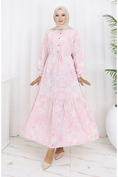 sefamerve Φόρεμα από λινό ύφασμα με κορδόνια στη μέση με κουμπιά 0173-02 Ροζ