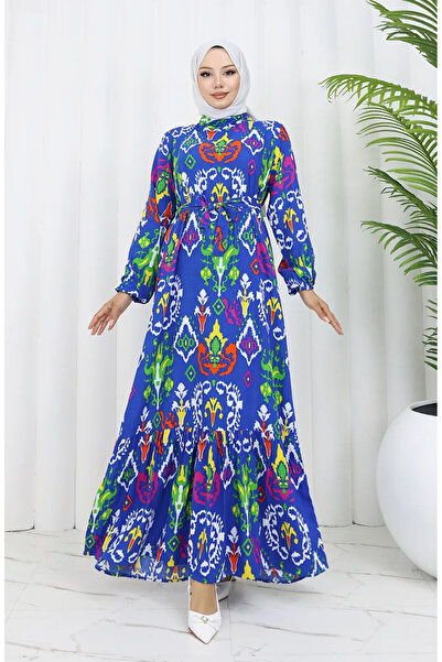 sefamerve Eteği Büzgülü Renkli Viskon Elbise 0427-05 Saks