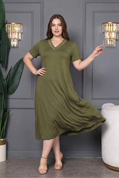 şuranur تنورة من الخيزران برقبة على شكل حرف V مع تفاصيل دانتيل، فستان واسع مق...