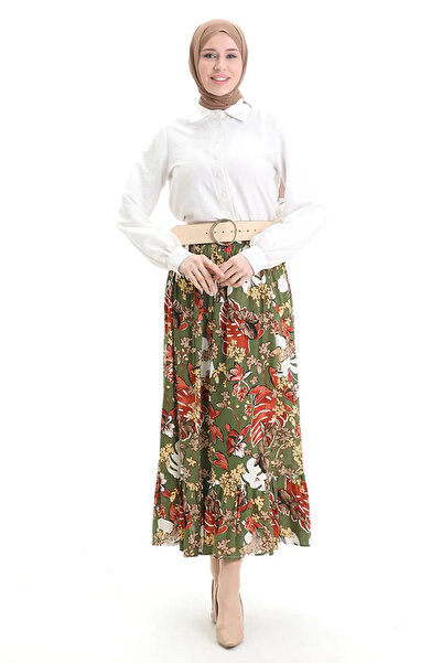 sefamerve Viskon Kumaş Beli Lastikli Fırfırlı Etek 2012C-01 Yeşil