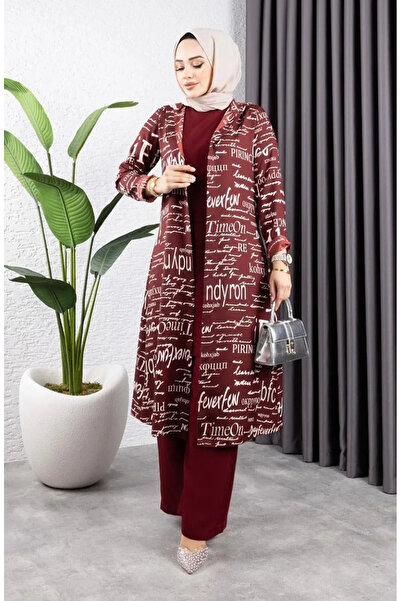 sefamerve طقم حجاب مكتوب 3 قطع 4012-08 كرز