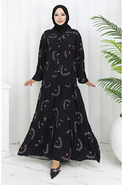 sefamerve فستان بأزرار منقوشة من قماش الفيسكوز 0088-05 أسود