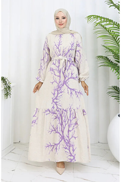 sefamerve Φόρεμα με μοτίβο λινό ζωσμένο 2087-03 Μπεζ λιλά