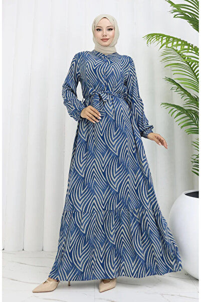 sefamerve Φόρεμα με σχέδιο από ύφασμα βισκόζης 4074-05 Indigo