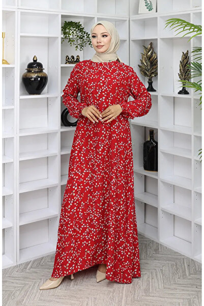 sefamerve Viskoza Tkanina Sa deznom Haljina 0055-04 Crvena