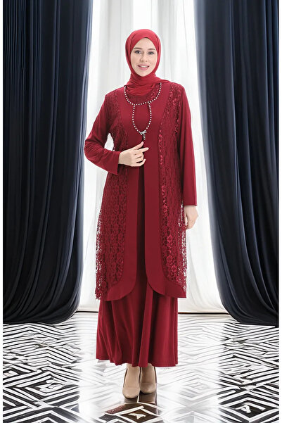 sefamerve Büyük Beden Dantel Yelek Elbise İkili Takım 4123-03 Bordo