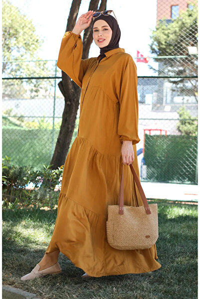 sefamerve فستان أسمر 0463-06 موديل بأزرار وأكمام مطاطية