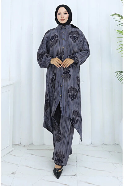 sefamerve Παντελόνι από ύφασμα βισκόζης Τουνίκ Διπλό Σετ 2143-02 Γκρι