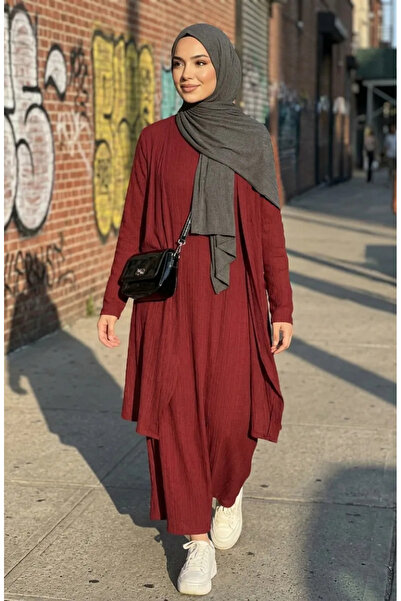 sefamerve Φόρεμα Γιλέκο διπλό Σετ 6527-01 Βουργουνδία