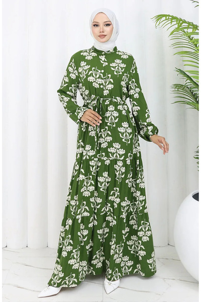 sefamerve Half Button Patterned Dress 2052-03 Khaki