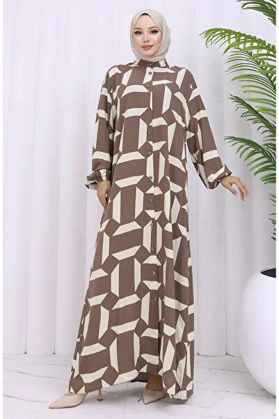 sefamerve Φόρεμα με κουμπιά από ύφασμα βισκόζης 2030-02 Καφέ μπεζ