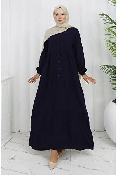 sefamerve فستان نصف أزرار من قماش الفسكوز 4125-02 أزرق داكن