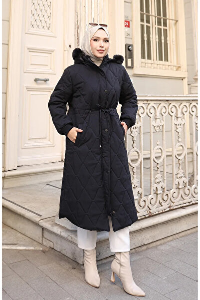 sefamerve Μεγάλο μέγεθος με κορδόνια στη μέση με κουκούλα Παλτό 6343-01 Μαύρο