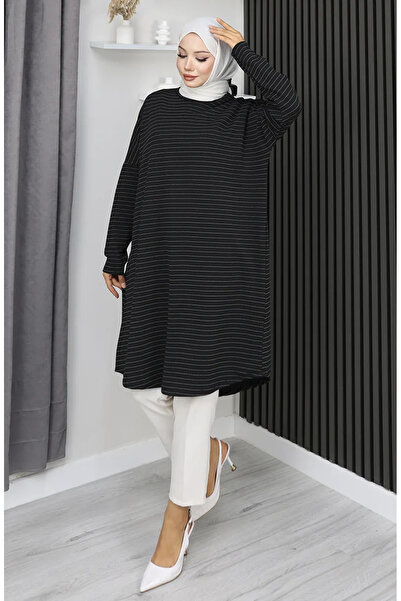 sefamerve Mevsimlik Basic Çizgili Rahat Kesim Tunik 8764-01 Siyah